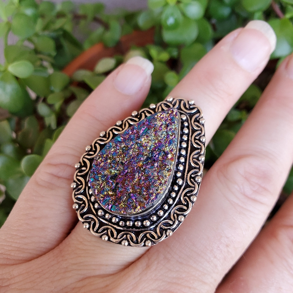 New Titanium Druzy 925 Silver Ring.